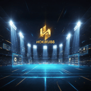 Banner premium Hokiku88 cara taruhan judi bola terpercaya dengan desain futuristik