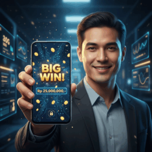 Ilustrasi digital pemain sedang memegang smartphone dengan tampilan kemenangan besar di platform 12Hoki, menggambarkan keamanan dan kenyamanan bermain di situs judi teraman se-Indonesia.