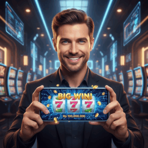 Ilustrasi pemain sedang memegang smartphone dengan tampilan kemenangan besar di game slot Situs247, menunjukkan kualitas dan kelengkapan game slot terlengkap di dunia.