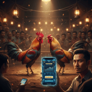 Ilustrasi pemain yang sedang menganalisa pertandingan laga ayam online melalui platform Hokiku88 secara profesional.