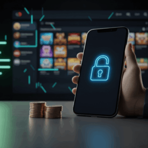 Sebuah tumpukan kecil koin di sebelah smartphone yang menampilkan link alternatif aman.