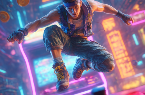 Gamer pemula bermain game platformer arcade di Hokijoss, melompat melewati rintangan neon, mengumpulkan power-up, dan mengejar leaderboard global.