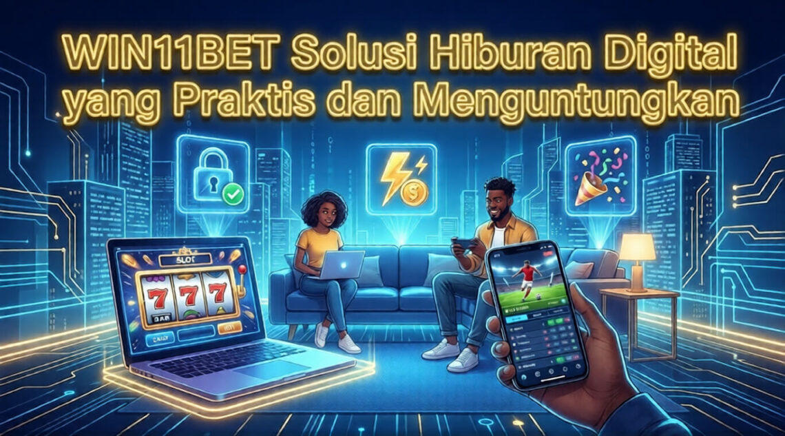 Ilustrasi WIN11BET hiburan digital terpercaya di Indonesia dengan slot interaktif, taruhan olahraga, dan transaksi cepat di laptop dan smartphone
