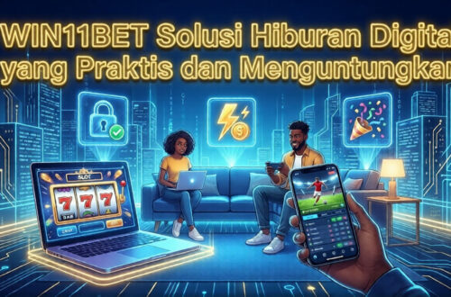 Ilustrasi WIN11BET hiburan digital terpercaya di Indonesia dengan slot interaktif, taruhan olahraga, dan transaksi cepat di laptop dan smartphone