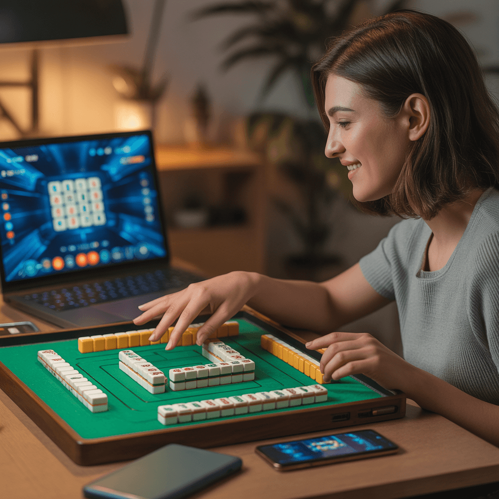 Pemain bermain Mahjong online di laptop dengan smartphone di samping, menikmati pengalaman strategi interaktif dan modern di platform terpercaya