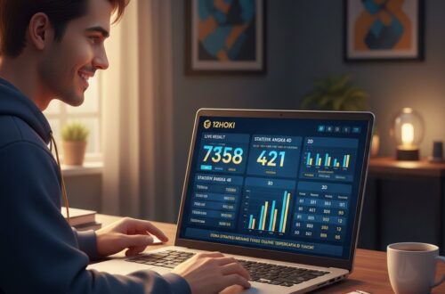 Pemain fokus mengikuti strategi menang togel online di 12Hoki dengan laptop modern
