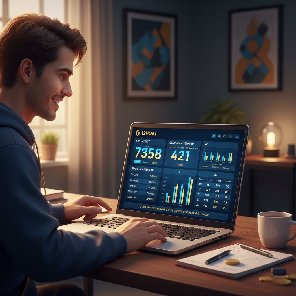 Pemain fokus mengikuti strategi menang togel online di 12Hoki dengan laptop modern