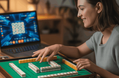 Pemain bermain Mahjong online di laptop dengan smartphone di samping, menikmati pengalaman strategi interaktif dan modern di platform terpercaya